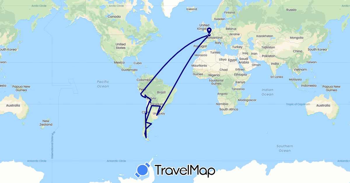 TravelMap itinerary: driving in Argentina, Bolivia, Chile, France, Peru (Europe, South America)
